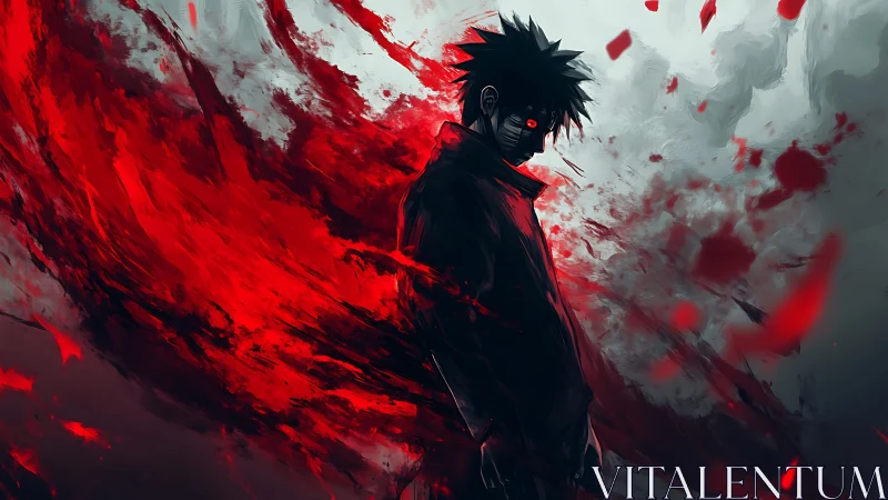 Brooding anime hero wrapped in a storm of fiery crimson power.