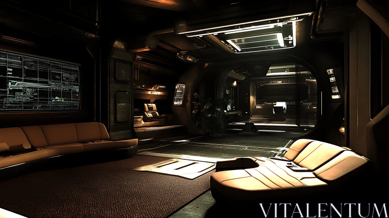 Cozy sci fi lounge glowing with soft golden starship light.