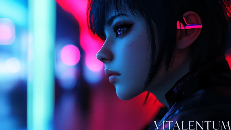 Profile view of neon lit female cyber figure at night.