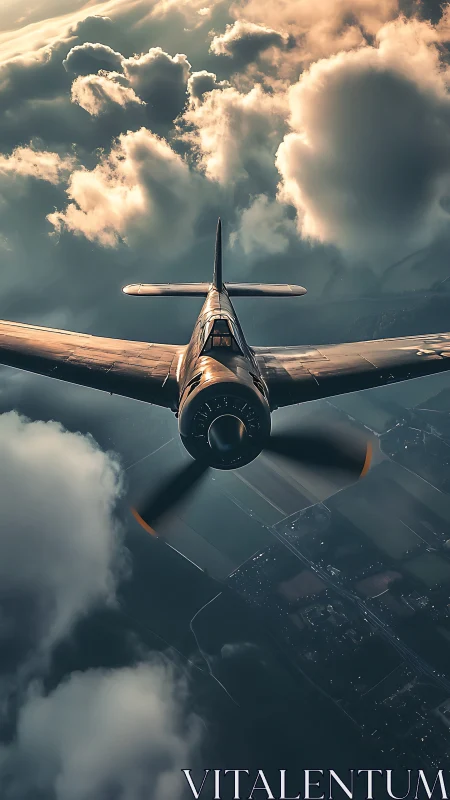 Single propeller aircraft in cloud layer over fields.