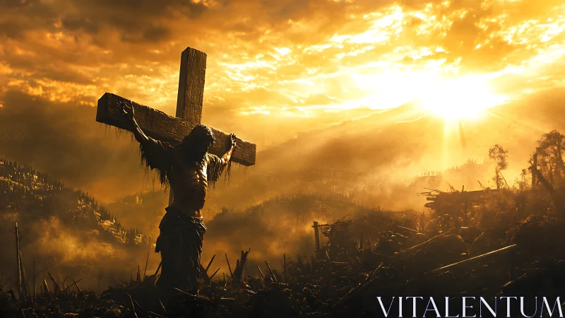 Crucified figure stands on cross in burning golden landscape