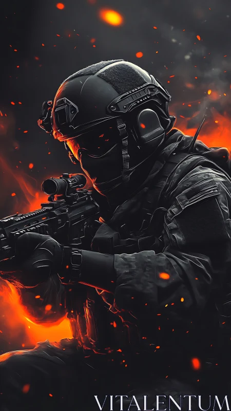 Armored tactical soldier advances through burning embers