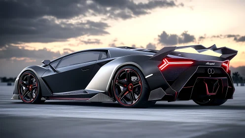 Futuristic supercar render shows angular rear design at dusk