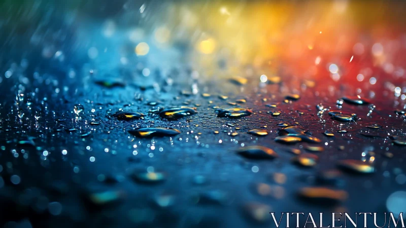 Macro water droplets on reflective surface with bokeh color gradients
