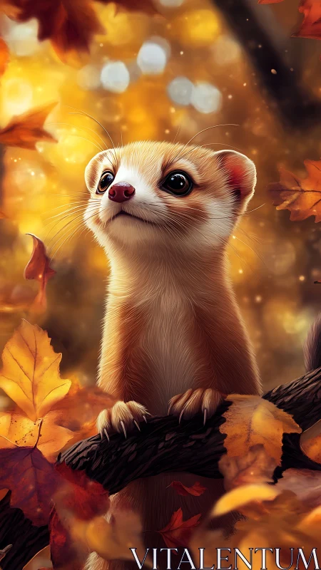 Weasel character rendered in sharp focus amid autumn leaves
