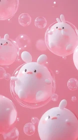 Chubby pastel bunnies float playfully inside glossy bubbles.