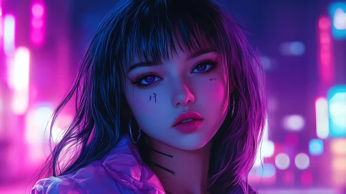 Neon lit cyberpunk girl portrait with glowing city lights.
