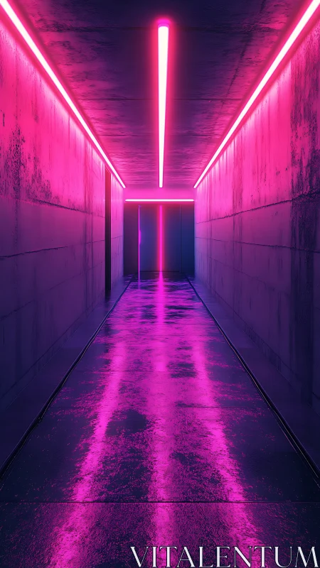 Neon magenta corridor with reflective wet floor perspective.