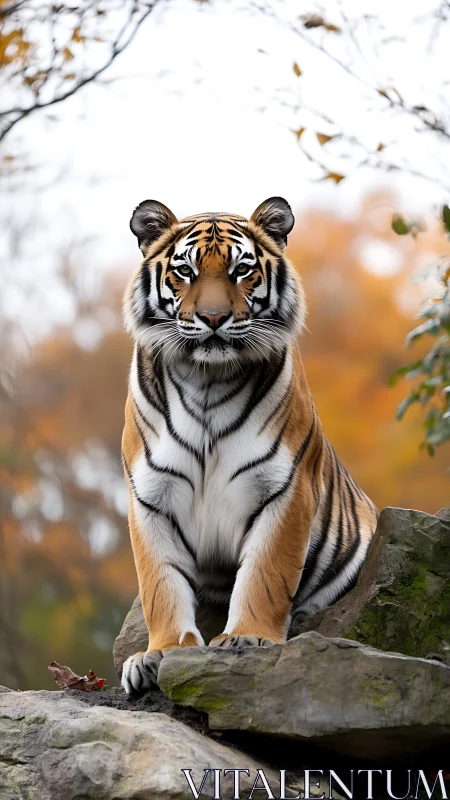 Tiger positioned on rock ledge before defocused autumn foliage.