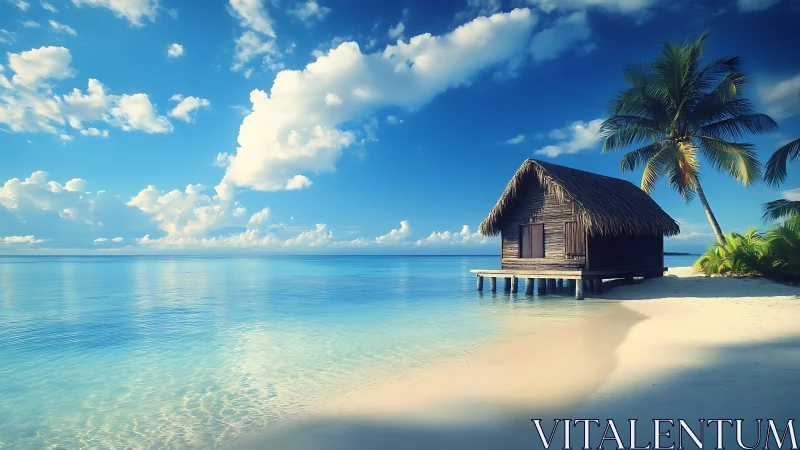 Thatched Bungalow in Tropical Lagoon with Crystalline Turquoise Waters.