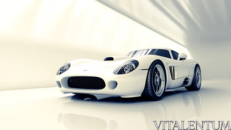 White sports coupe is rendered in a reflective tunnel space