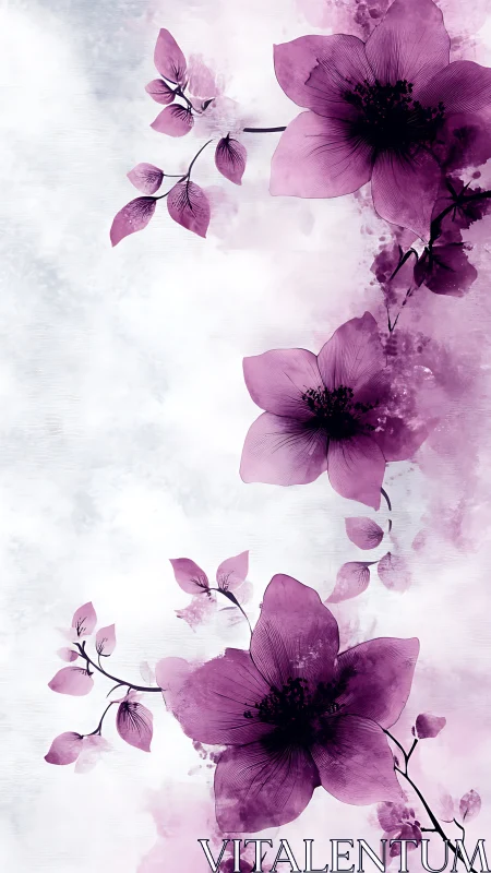 Delicate Purple Orchid Blooms with Black Stamens in Watercolor Wash