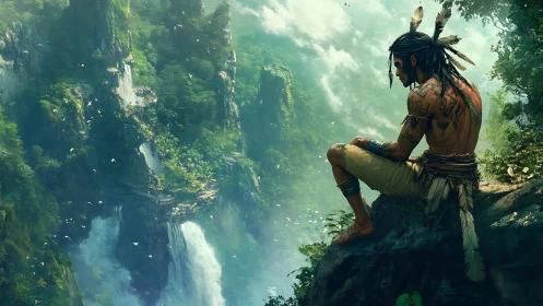 Tribal wanderer overlooking lush waterfall canyon vista.