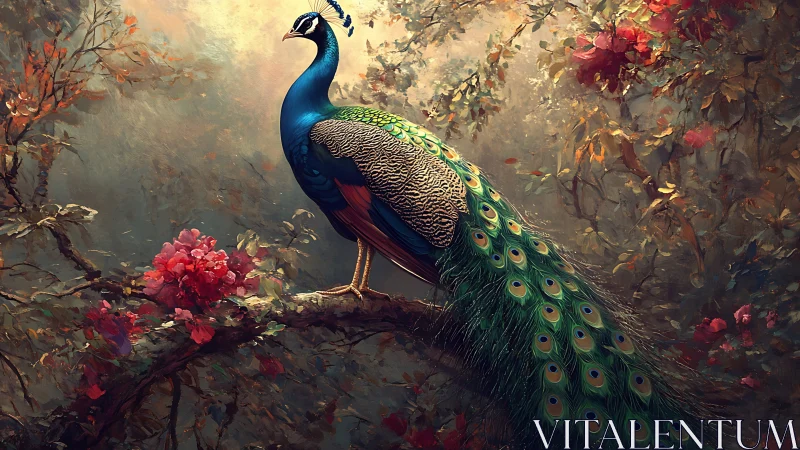 Majestic peacock perched on flowering forest branch.