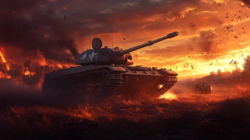 Heavy battle tank advances through burning dusk battlefield