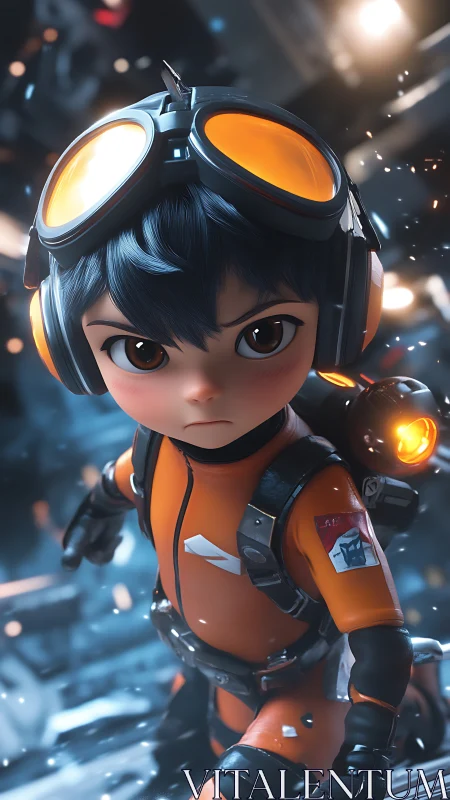 Defiant young space pilot in vivid orange exosuit stance.