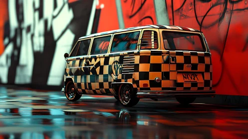 Checkerboard street-van cruises through neon graffiti glow.