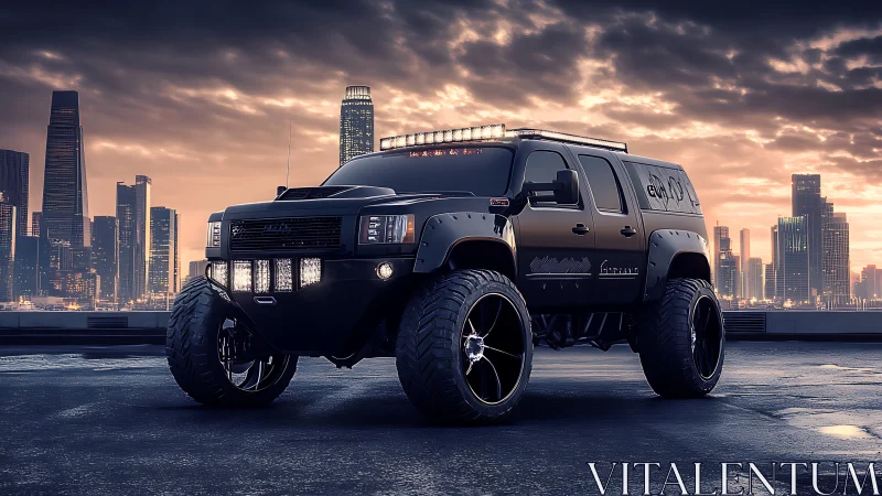 Custom lifted SUV stands on rooftop before modern skyline