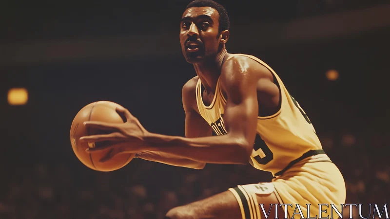 Photorealistic courtside portrait of vintage basketball guard.