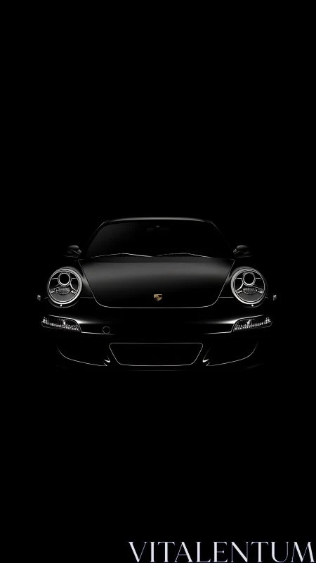 Black sports car front view on dark isolated backdrop.