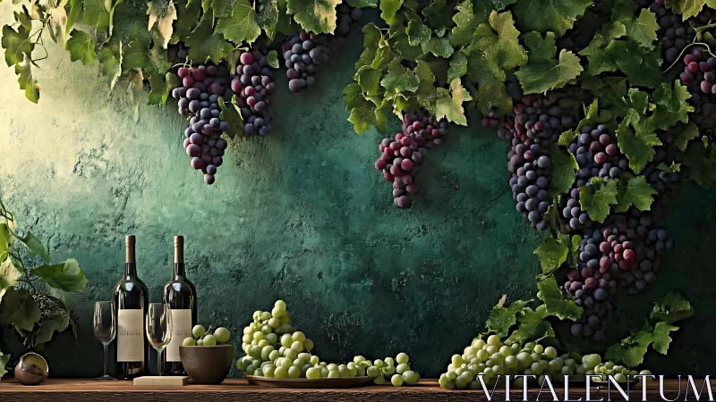 Grapevines, wine bottles and grapes are arranged against wall
