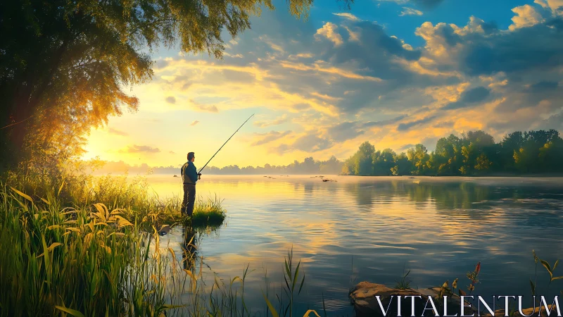 Quiet morning fisherman enjoys calm golden riverside sunrise