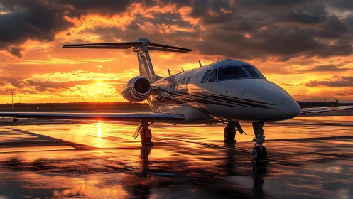 Private jet stands on wet runway under low sunset light