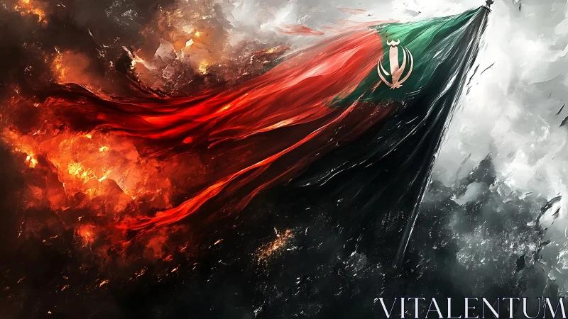 National flag artwork amid firestorm and rising smoke.