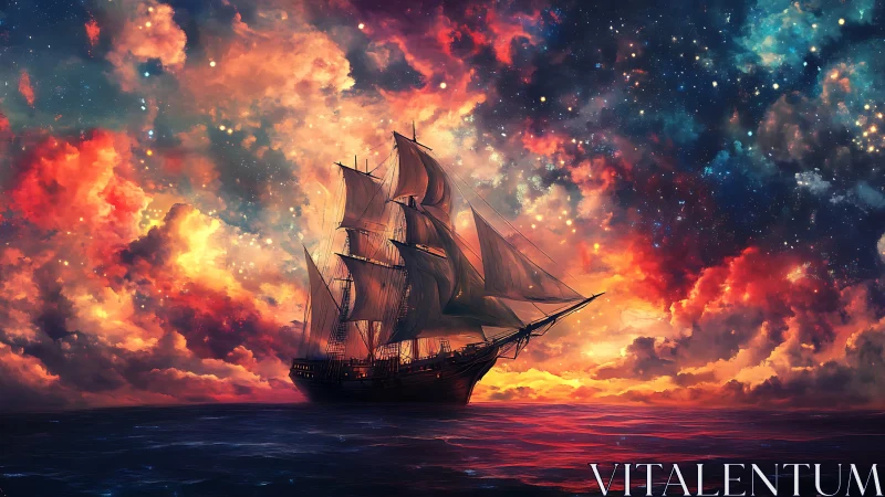 Starlit galleon sails through cosmic sunset seas in wonder