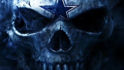 Glowing blue skull emblem merges deathly grit with dark smoke