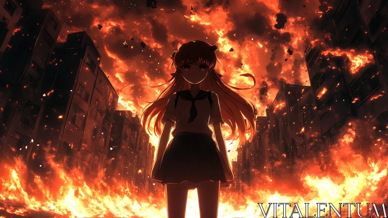 Silhouetted anime schoolgirl stands before apocalyptic urban inferno