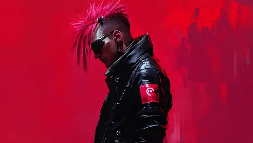 Striking punk rider in bold red and black neon glow.