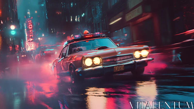 Retro police cruiser in neon-lit rainstorm motion sequence.