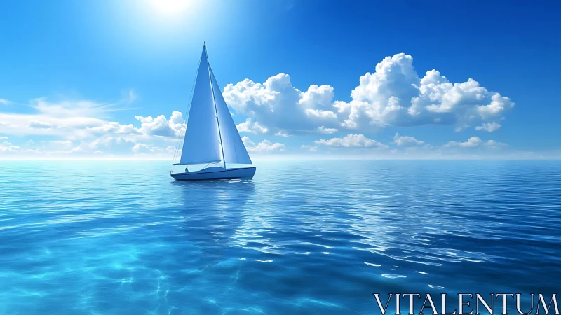 Single-mast sailboat on specular calm ocean under cumulus sky.