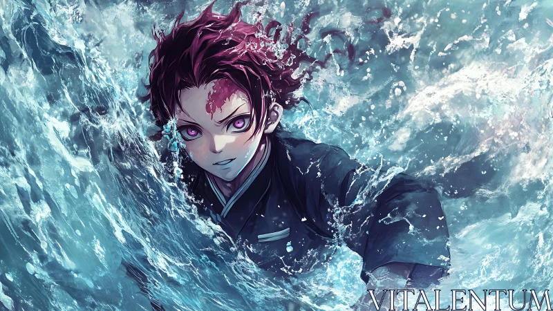 Anime character moves through turbulent stylized water effects
