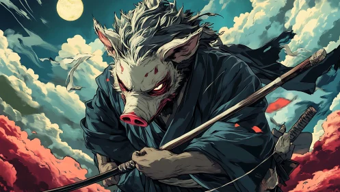 Moonlit Boar Ronin Surging Through Tempest Skies.