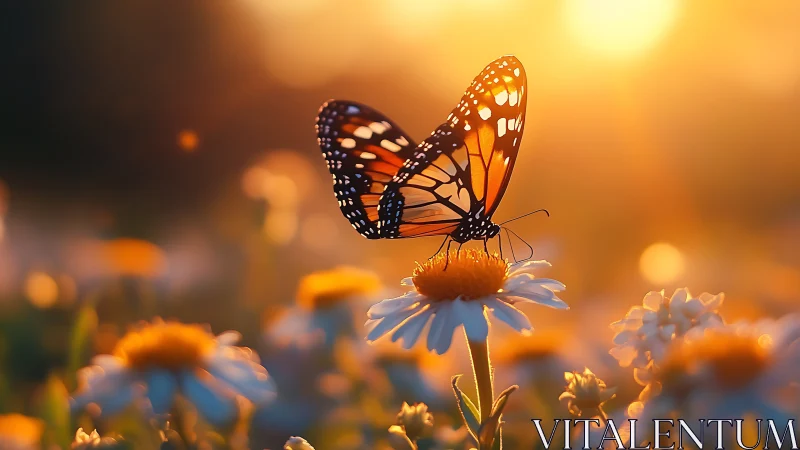 Sunlit monarch pausing on a daisy throne at golden hour.