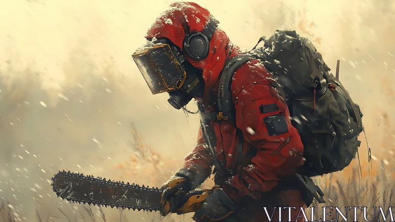 Snow-scarred wanderer with chainsaw crossing frozen hush.