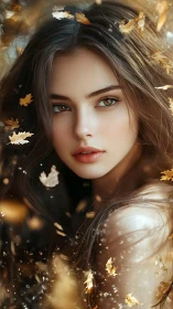 Autumnal portrait with hyperreal facial rendering and leaf dynamics.