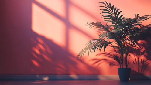 Soft-lit potted palm casts elongated shadows on coral wall