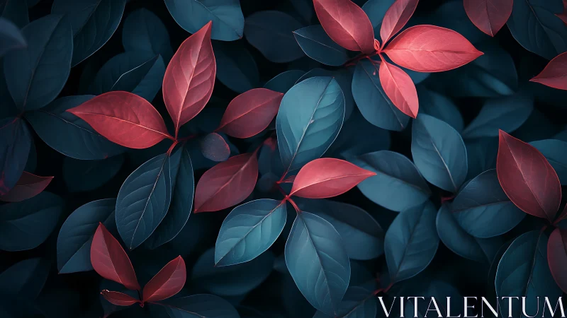 Red and blue-toned leaves form a structured overlapping pattern