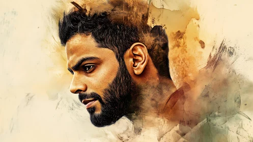Expressive male profile portrait in warm textured washes.