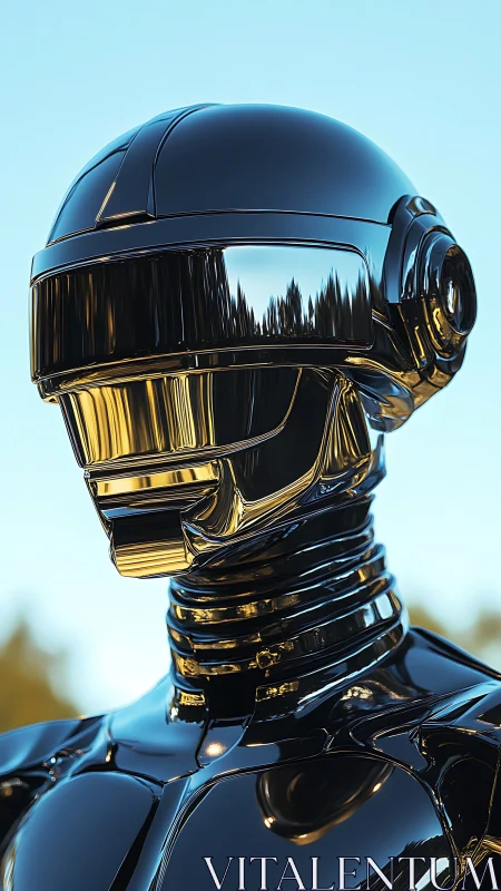 Chrome-plated robot gazes ahead under a clear sky