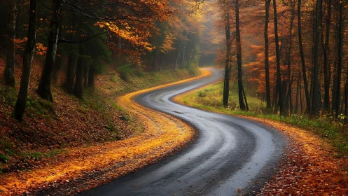 Winding forest road framed by golden autumn canopy.