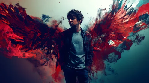 Male figure with abstract red wings in digital composition.