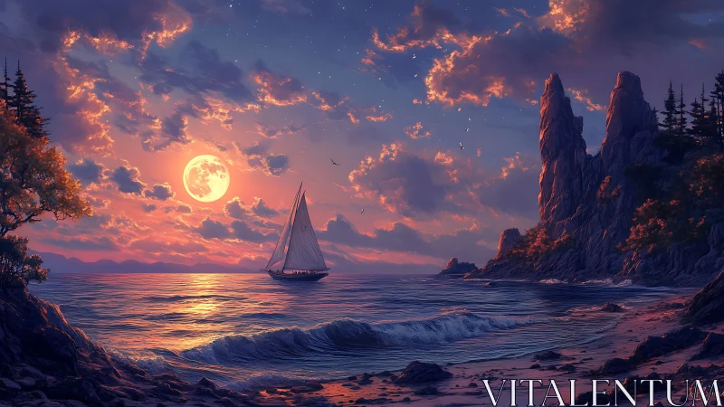 Moonlit sailboat crosses glowing waves below cliffs.