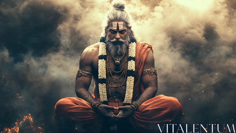 Mystic monk in swirling smoke holding fierce quiet power.