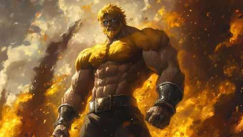 Heroic fire titan in muscular fantasy digital painting study.