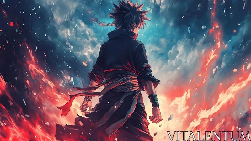 Lone anime warrior stands amid swirling fire and storm