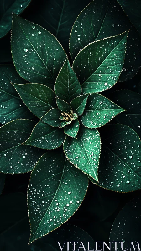 Dew-covered green leaves in radial botanical arrangement.